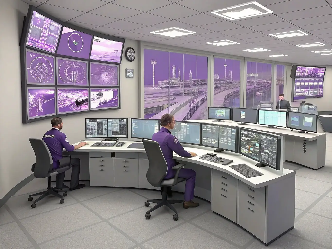 A control room operator monitoring multiple CCTV screens, highlighting the advanced CCTV monitoring capabilities.
