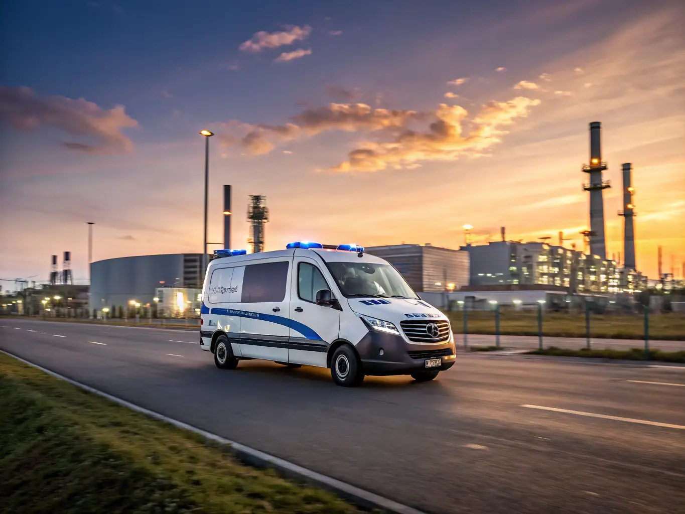 A security vehicle patrolling a residential area in Brighton at night, showcasing the mobile patrol service.