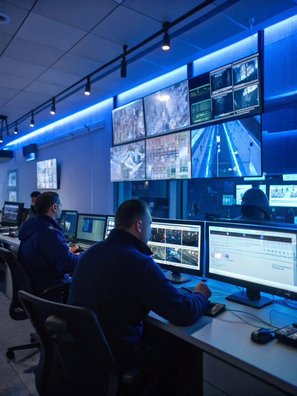Operator monitoring multiple CCTV screens in a control room, highlighting 24/7 CCTV monitoring services.