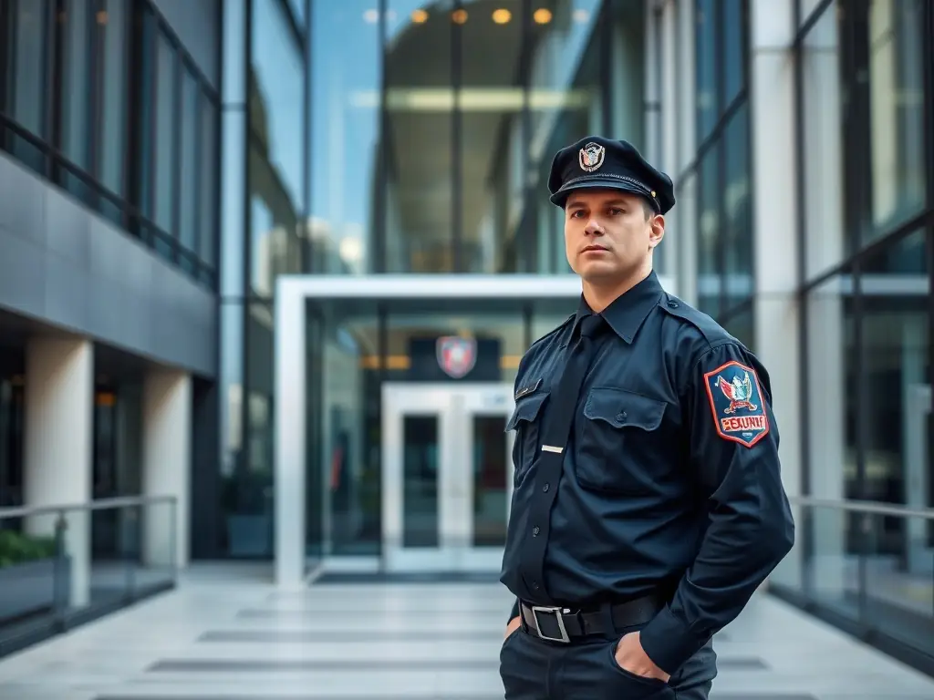 A uniformed security guard standing watch outside a commercial building in Brighton during the daytime, ensuring a visible security presence.