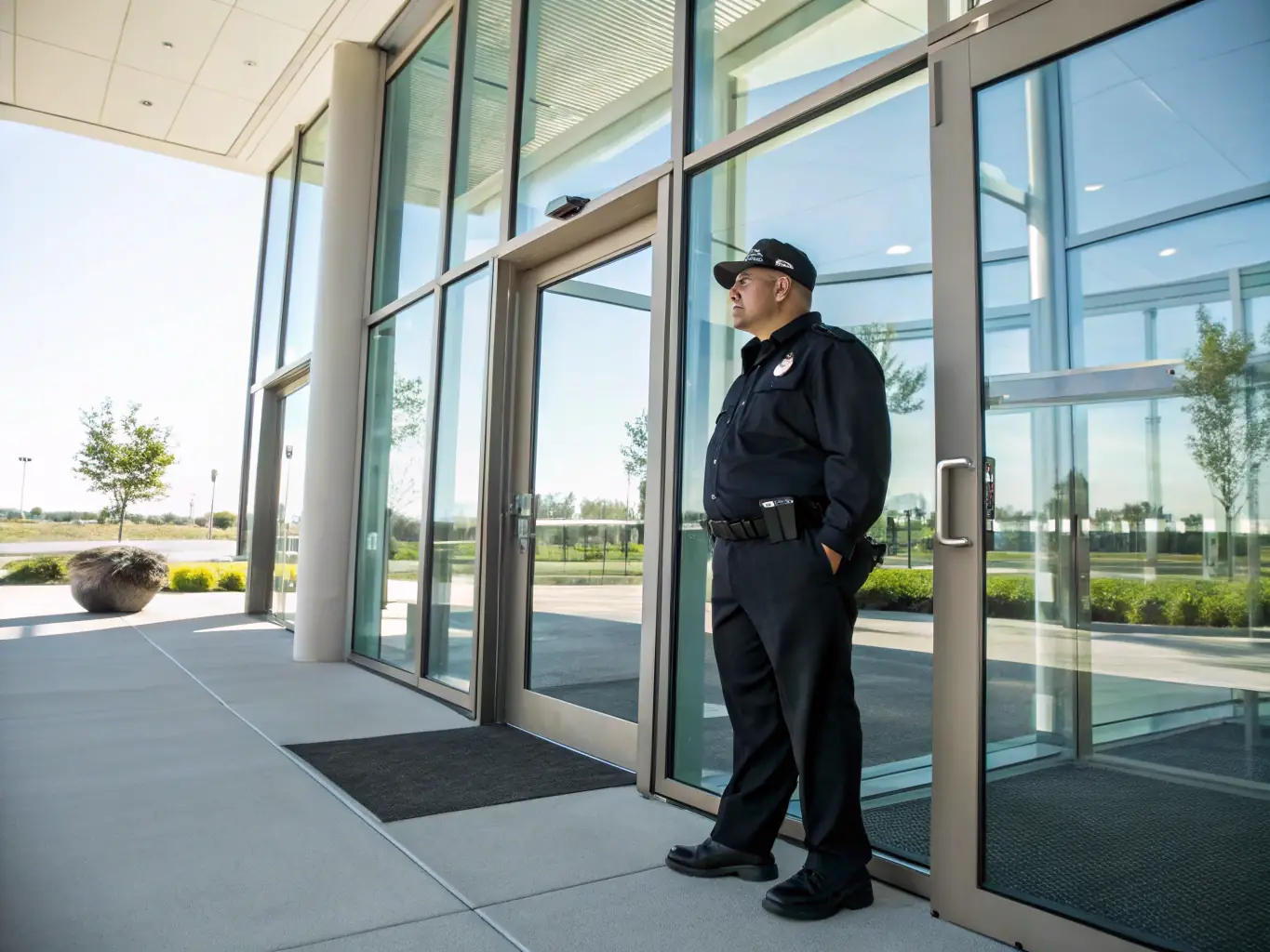 A security guard in a professional uniform stands attentively in front of a commercial building in Brighton during daylight, ensuring a safe and secure environment.